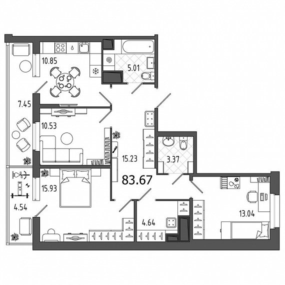 Охта Хаус, I кв. 2021, 3 комнаты, 83.67 м2