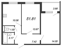 Юттери, III кв. 2021, 2 комнаты, 51.81 м2