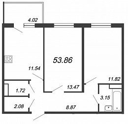 Юттери, III кв. 2021, 2 комнаты, 53.86 м2