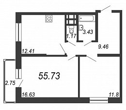 Новое Колпино, II кв. 2021, 2 комнаты, 55.73 м2