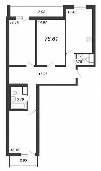 Приморский квартал, III кв. 2022, 3 комнаты, 78.61 м2