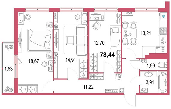 Геометрия, II кв. 2021, 3 комнаты, 78.03 м2