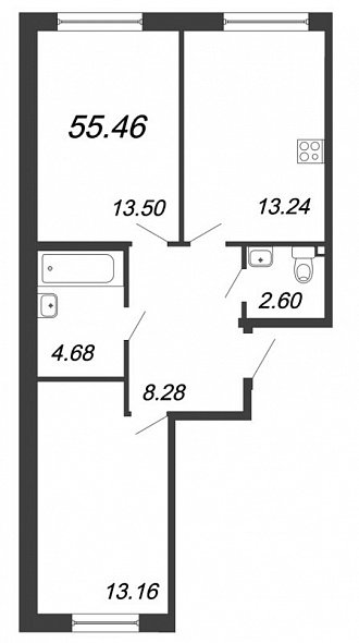 Ювента, II кв. 2021, 2 комнаты, 55.46 м2