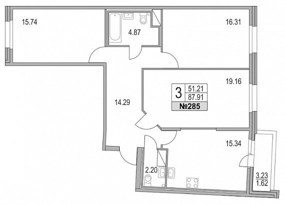 Приморский квартал, II кв. 2021, 3 комнаты, 87.91 м2