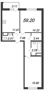 Материк, III кв. 2021, 2 комнаты, 59.20 м2