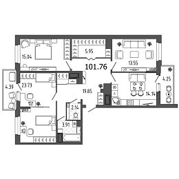 Охта Хаус, I кв. 2021, 3 комнаты, 101.76 м2