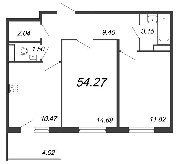Юттери, III кв. 2021, 2 комнаты, 54.27 м2