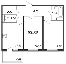 Юттери, III кв. 2021, 2 комнаты, 53.79 м2