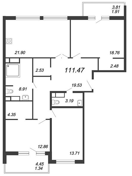 Ariosto, III кв. 2021, 3 комнаты, 111.47 м2