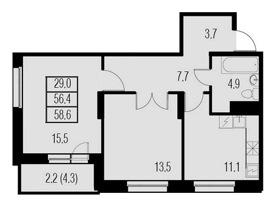 Жемчужный Каскад, IV кв. 2020, 2 комнаты, 58.60 м2