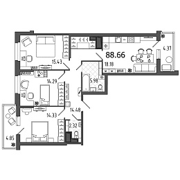 Охта Хаус, I кв. 2021, 3 комнаты, 88.66 м2