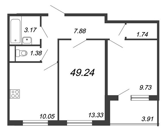 Юттери, III кв. 2021, 2 комнаты, 49.24 м2