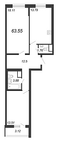 Приморский квартал, III кв. 2022, 2 комнаты, 63.55 м2