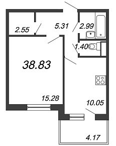 Юттери, III кв. 2021, 1 комната, 38.83 м2