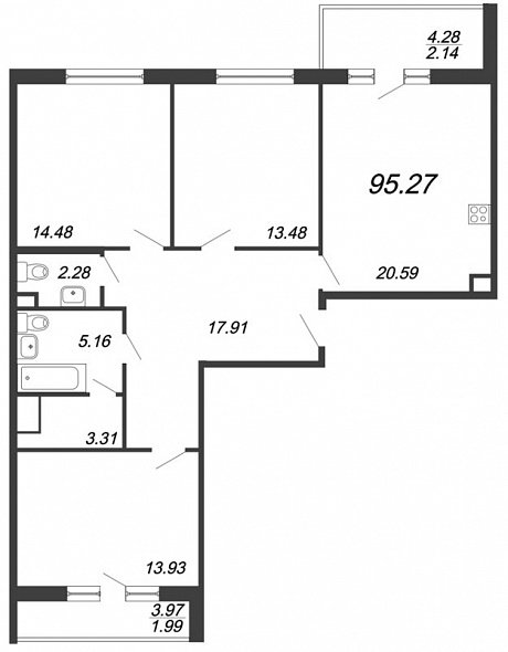 Ariosto, III кв. 2021, 3 комнаты, 95.27 м2