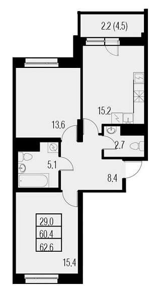 Жемчужный Каскад, IV кв. 2021, 2 комнаты, 62.60 м2