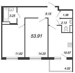 Юттери, III кв. 2021, 2 комнаты, 53.91 м2