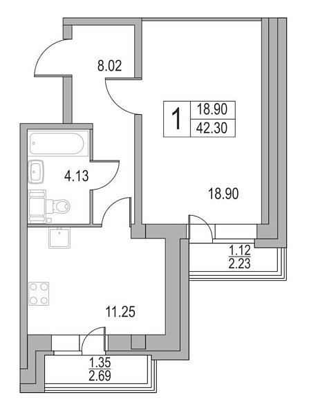 Приморский квартал, II кв. 2021, 1 комната, 42.30 м2