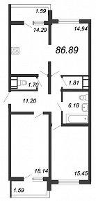 Шуваловский, IV кв. 2020, 3 комнаты, 86.89 м2