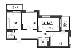 Жемчужный Каскад, IV кв. 2021, 3 комнаты, 83.70 м2
