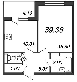 Юттери, III кв. 2021, 1 комната, 39.36 м2