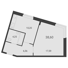 Материк, III кв. 2021, 1 комната, 38.60 м2