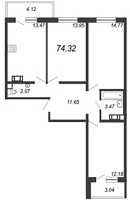 IQ Гатчина, III кв. 2021, 3 комнаты, 74.32 м2