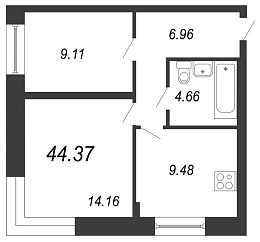 Чистый ручей, IV кв. 2021, 2 комнаты, 44.37 м2