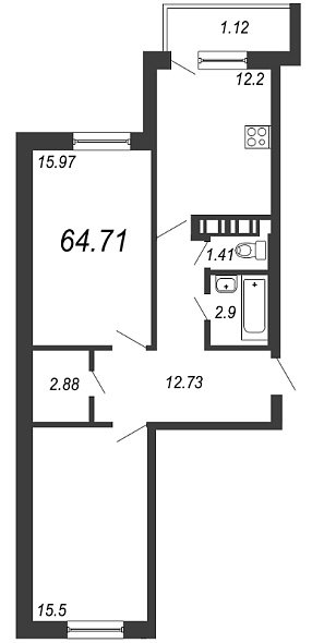 Новое Горелово, IV кв. 2020, 2 комнаты, 64.71 м2