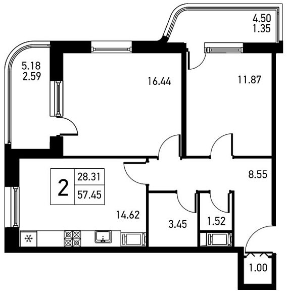 Дом на Львовской, II кв. 2021, 2 комнаты, 61.39 м2