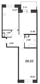 Новый Лесснер, IV кв. 2021, 2 комнаты, 58.02 м2