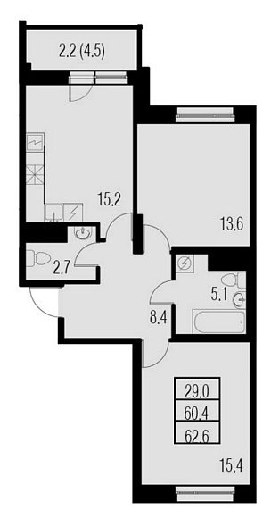 Жемчужный Каскад, IV кв. 2020, 2 комнаты, 60.40 м2
