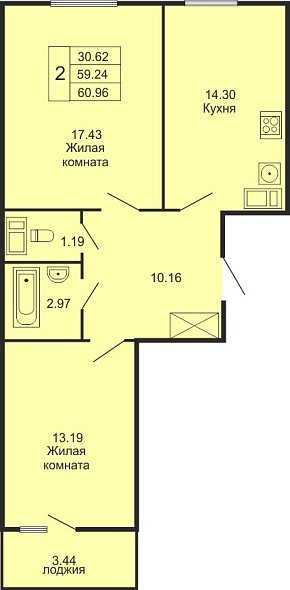 Шуваловский дуэт, Сдан, 2 комнаты, 60.96 м2