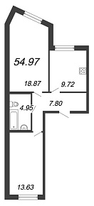 Чистый ручей, IV кв. 2021, 2 комнаты, 54.97 м2