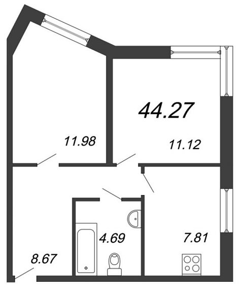 Чистый ручей, IV кв. 2021, 2 комнаты, 44.27 м2