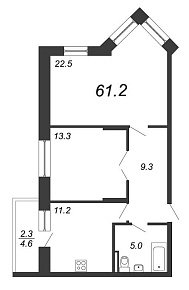 Жемчужный Каскад, IV кв. 2020, 2 комнаты, 61.20 м2