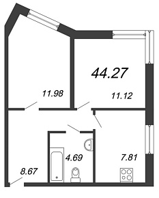 Чистый ручей, IV кв. 2021, 2 комнаты, 44.27 м2