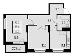 Жемчужный Каскад, IV кв. 2020, 2 комнаты, 56.40 м2