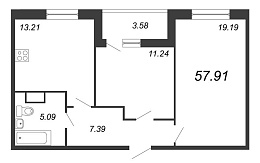 Охта Хаус, I кв. 2021, 2 комнаты, 57.91 м2