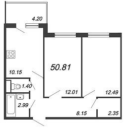 Юттери, III кв. 2021, 2 комнаты, 50.81 м2
