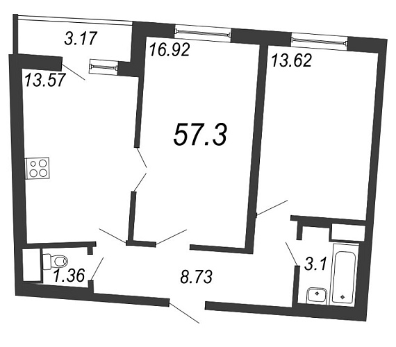 Приморский квартал, III кв. 2022, 2 комнаты, 57.30 м2