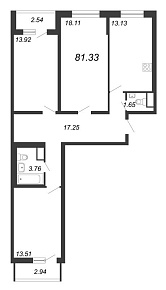Приморский квартал, III кв. 2022, 3 комнаты, 81.33 м2