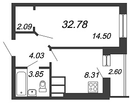 Приневский, IV кв. 2021, 1 комната, 32.78 м2