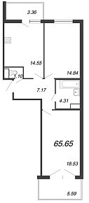 Новый Лесснер, IV кв. 2021, 2 комнаты, 63.86 м2