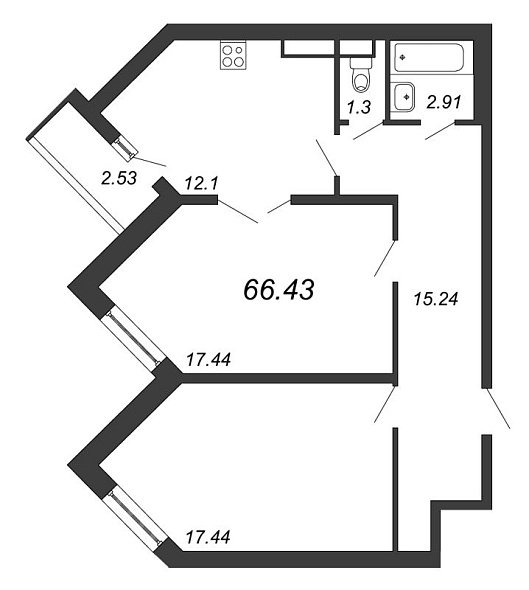 Приморский квартал, III кв. 2022, 2 комнаты, 66.43 м2