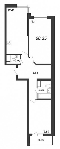 Приморский квартал, III кв. 2022, 2 комнаты, 68.35 м2