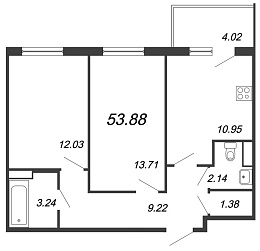 Юттери, III кв. 2021, 2 комнаты, 53.88 м2