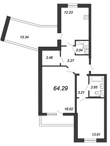 Приморский квартал, IV кв. 2020, 2 комнаты, 64.29 м2