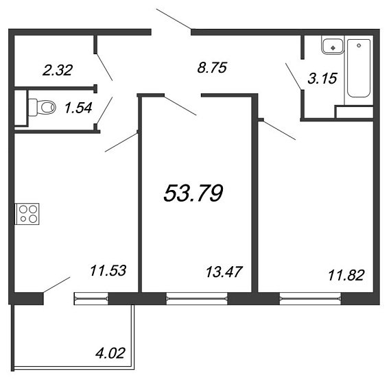 Юттери, III кв. 2021, 2 комнаты, 53.79 м2