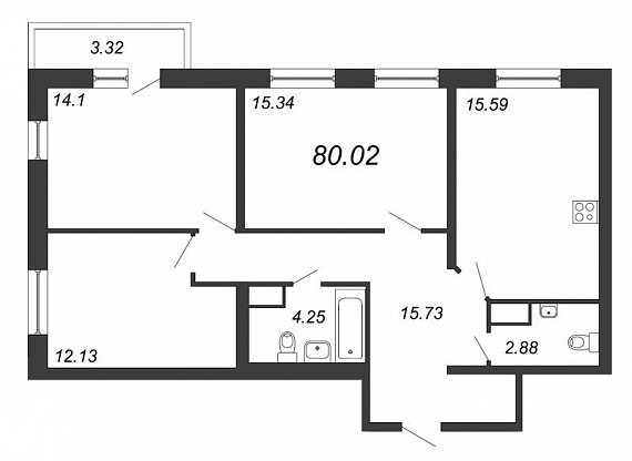 Приморский квартал, III кв. 2022, 3 комнаты, 80.02 м2